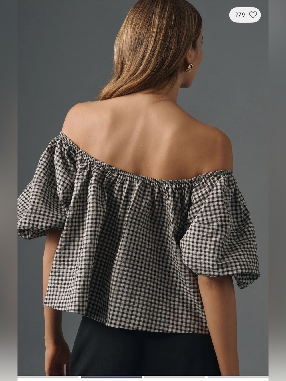 Off-Shoulder Gingham Puff-Sleeve Top in Black and White - Picture 2 of 5